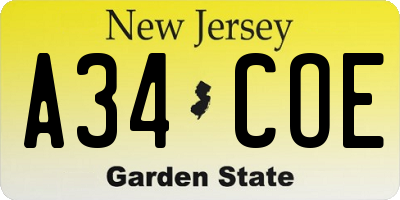 NJ license plate A34COE