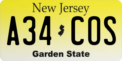 NJ license plate A34COS