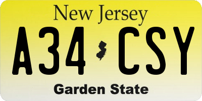 NJ license plate A34CSY