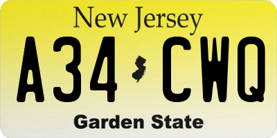 NJ license plate A34CWQ