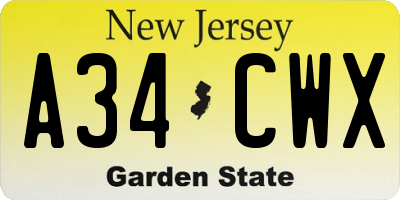 NJ license plate A34CWX