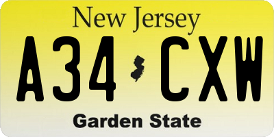 NJ license plate A34CXW