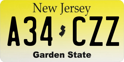 NJ license plate A34CZZ