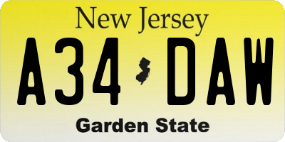 NJ license plate A34DAW
