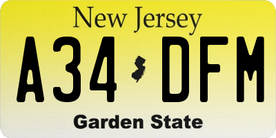 NJ license plate A34DFM