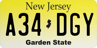 NJ license plate A34DGY