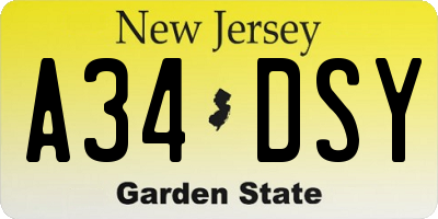 NJ license plate A34DSY