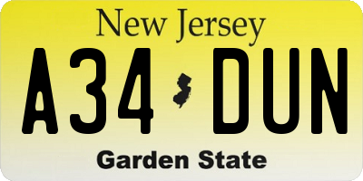 NJ license plate A34DUN