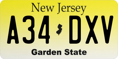 NJ license plate A34DXV