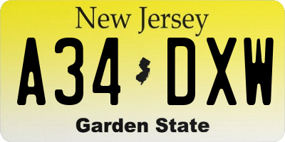 NJ license plate A34DXW