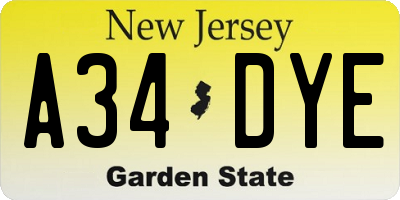 NJ license plate A34DYE