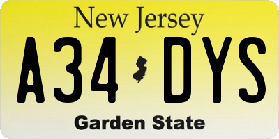 NJ license plate A34DYS