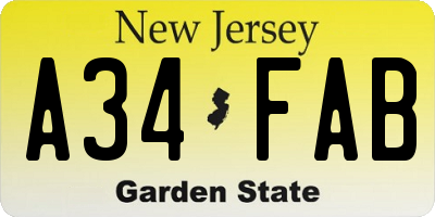 NJ license plate A34FAB