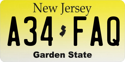 NJ license plate A34FAQ