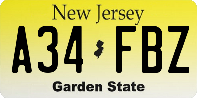 NJ license plate A34FBZ