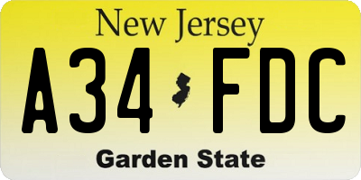 NJ license plate A34FDC