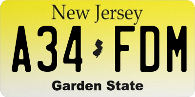 NJ license plate A34FDM