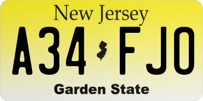 NJ license plate A34FJO