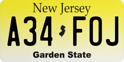 NJ license plate A34FOJ