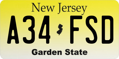 NJ license plate A34FSD