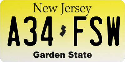 NJ license plate A34FSW