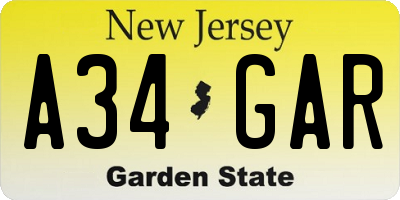 NJ license plate A34GAR