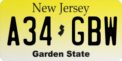 NJ license plate A34GBW