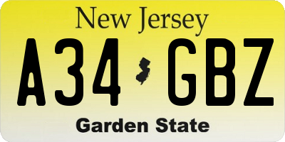 NJ license plate A34GBZ