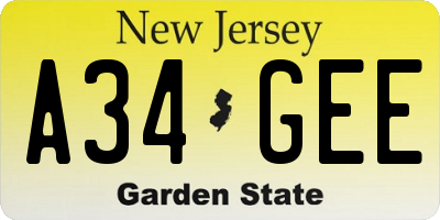 NJ license plate A34GEE