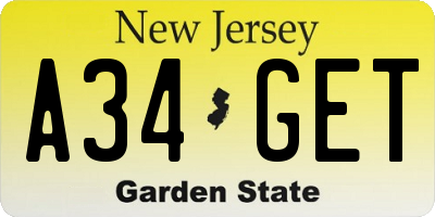 NJ license plate A34GET