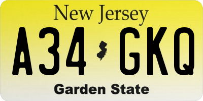 NJ license plate A34GKQ