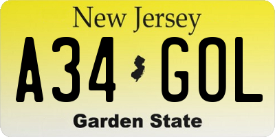 NJ license plate A34GOL