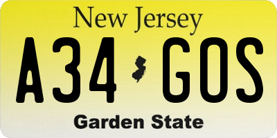 NJ license plate A34GOS