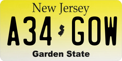 NJ license plate A34GOW