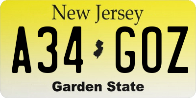 NJ license plate A34GOZ