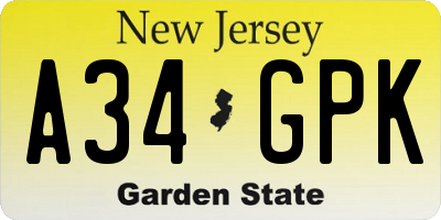 NJ license plate A34GPK