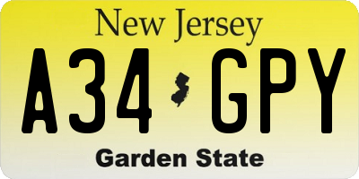 NJ license plate A34GPY