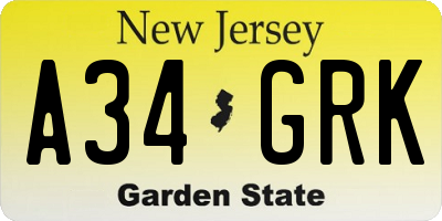 NJ license plate A34GRK