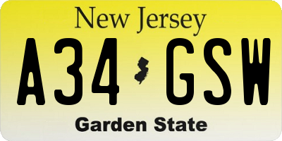 NJ license plate A34GSW