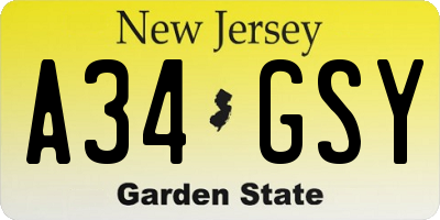 NJ license plate A34GSY