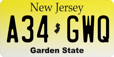 NJ license plate A34GWQ