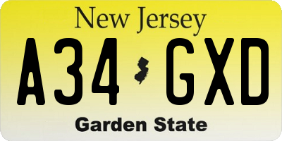 NJ license plate A34GXD