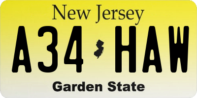 NJ license plate A34HAW