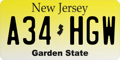 NJ license plate A34HGW