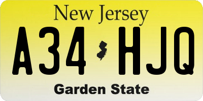 NJ license plate A34HJQ