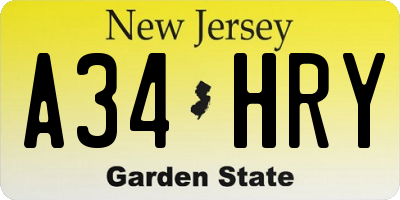 NJ license plate A34HRY