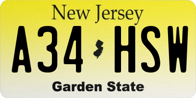 NJ license plate A34HSW