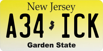 NJ license plate A34ICK