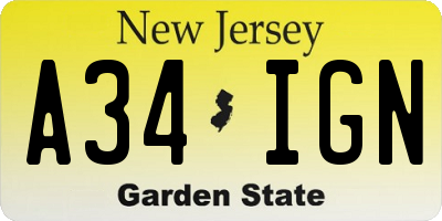 NJ license plate A34IGN