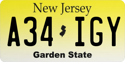 NJ license plate A34IGY